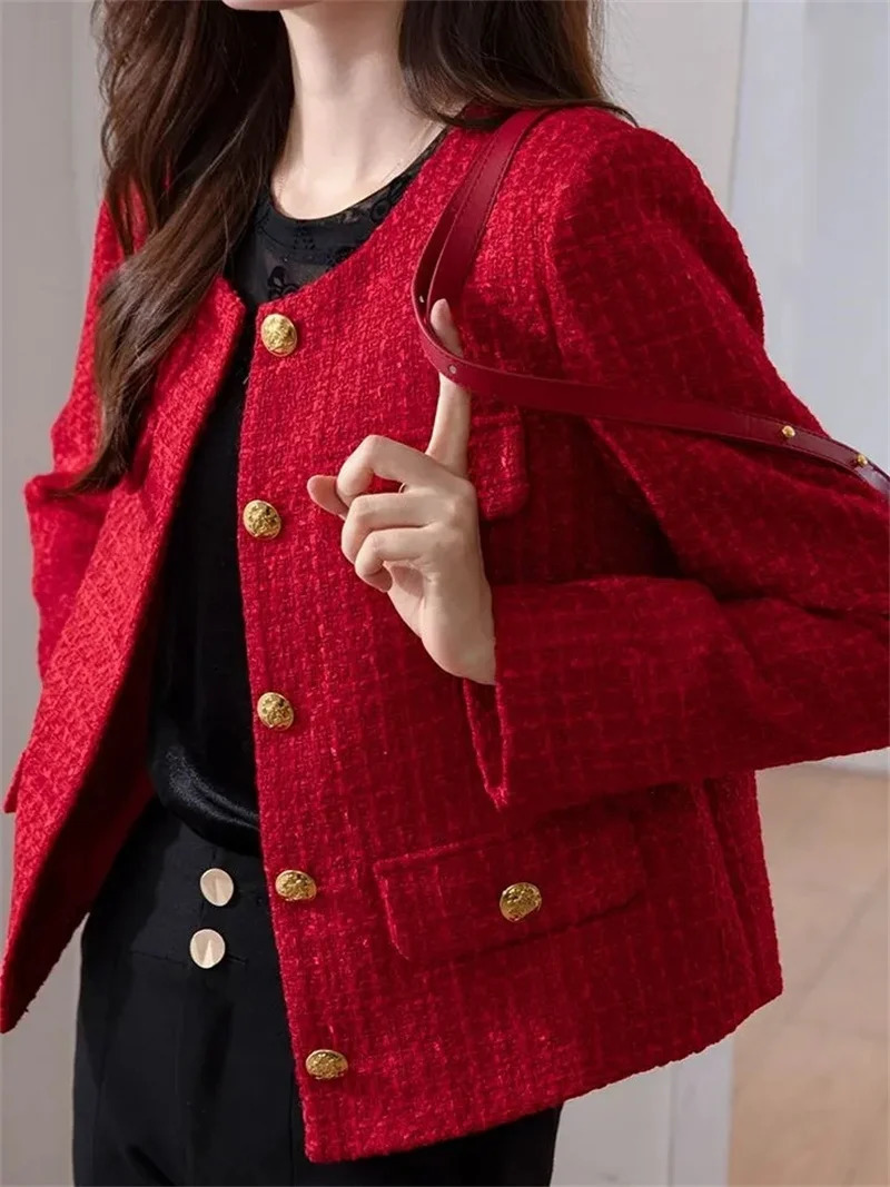 Womens Jacket Spring Autumn Red Tweed Small Fragrance Coat Short Blazers Korean Fashion Elegant Female Tops Outerwear 250304