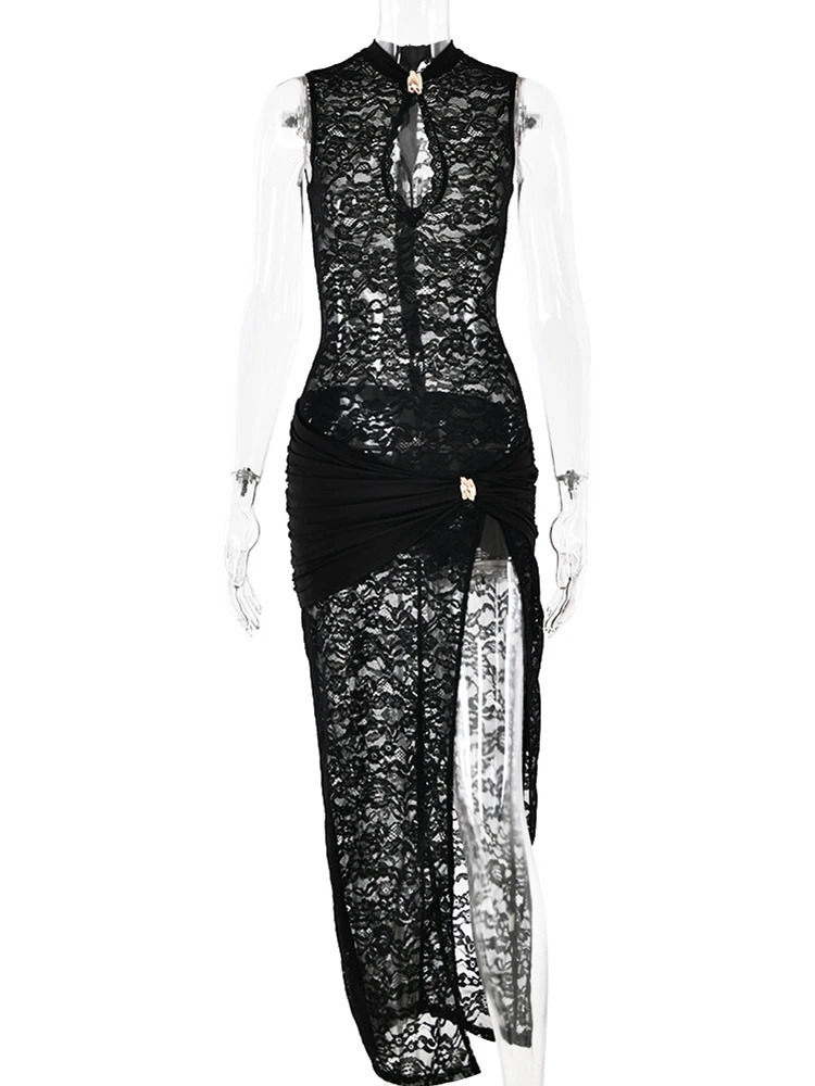 Sibybo black lace womens long dress sleeveless hollow high seam tight fitting evening gown sexy ultrathin party vest 250304