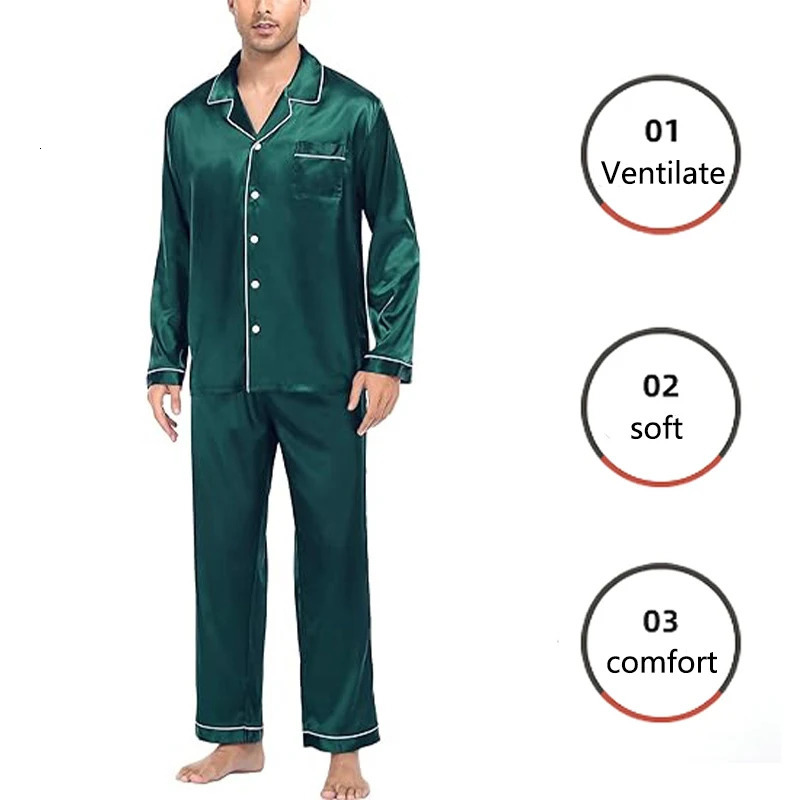 2PCS/Set Plus Size Solid Long-Sleeved Pyjamas Men Spring and Autumn Silk Sleepwear Homewear Cardigan Lapel Trousers Nightwear 250304