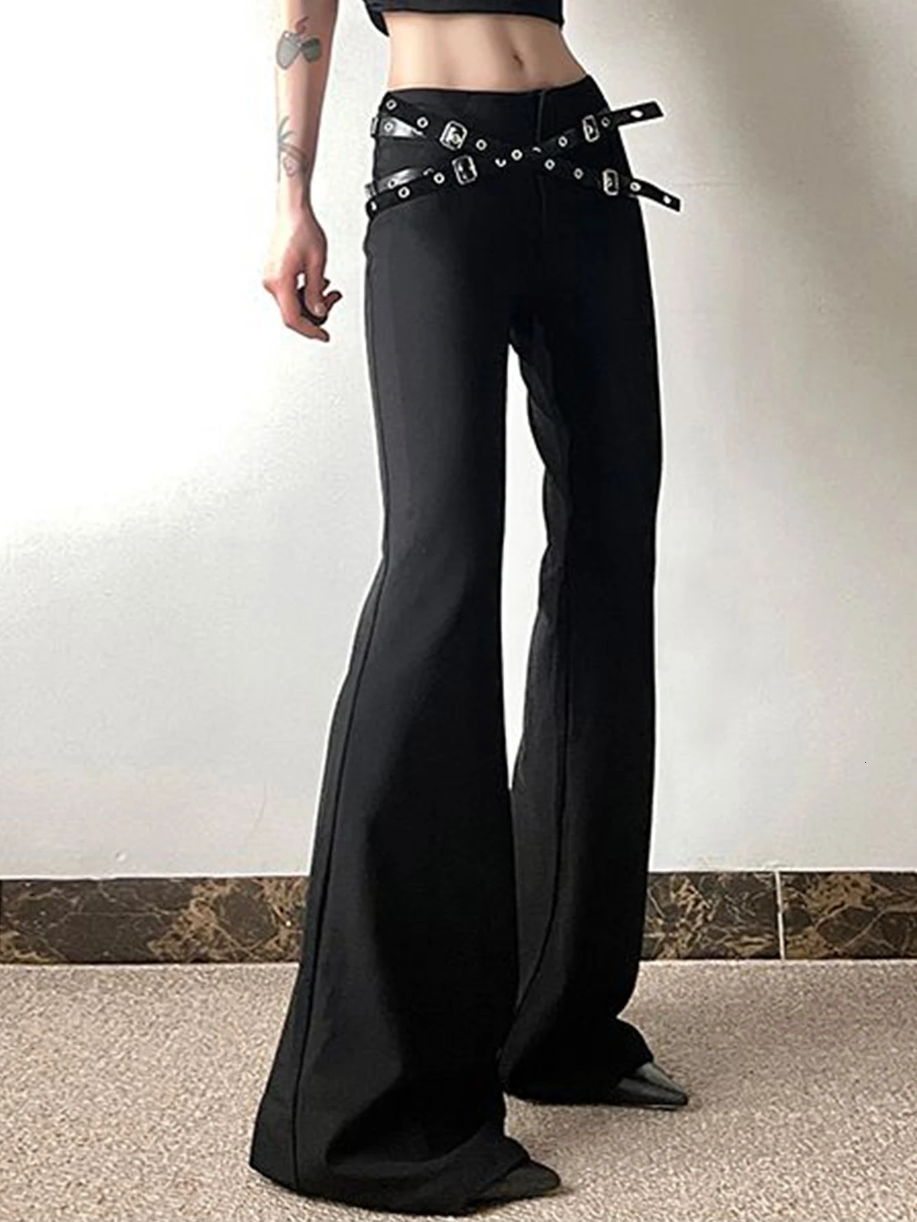 Summer European And American Style Bell Bottoms Fashion Womens Trend Leather Buckle Waist Tight Trousers Woman 250304