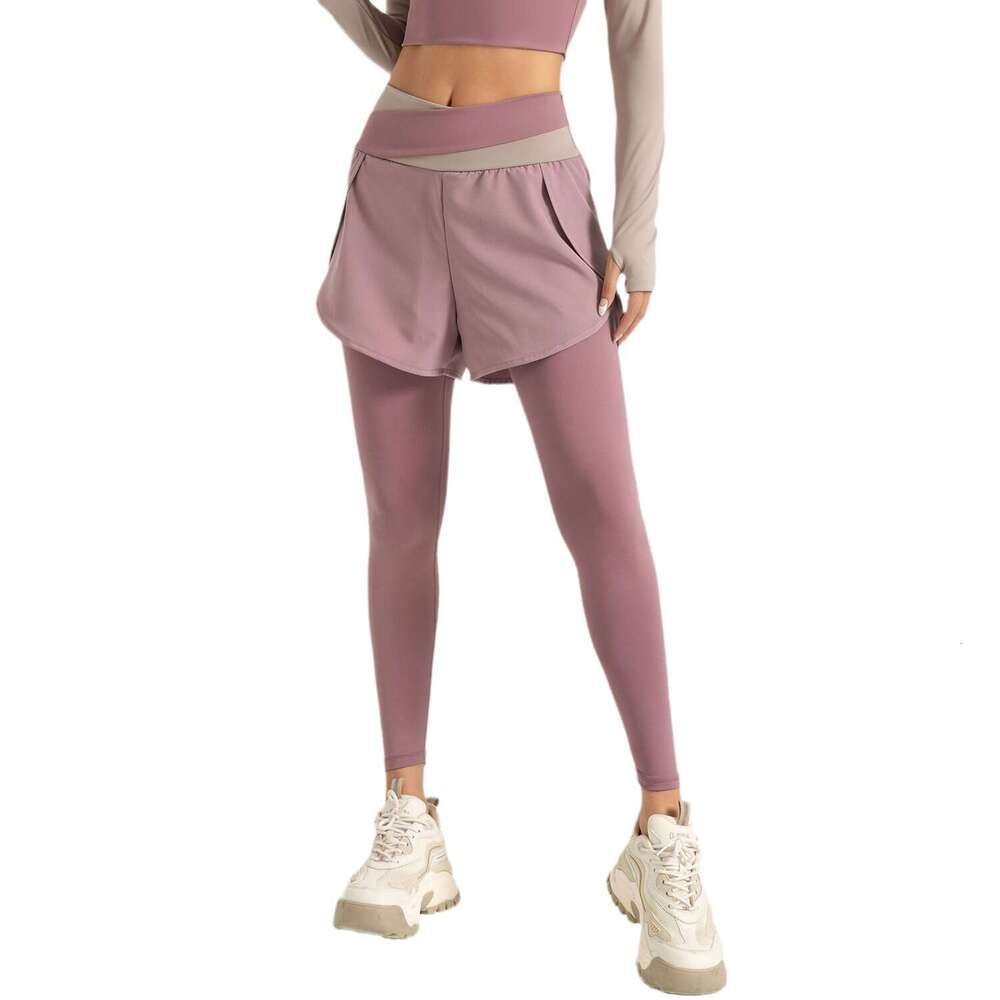 Special Area Color Blocking Fake Two-Piece With Anti Glare Running High Waisted Waist Contraction And Nude Feeling Exercise Yoga Pants KLMY