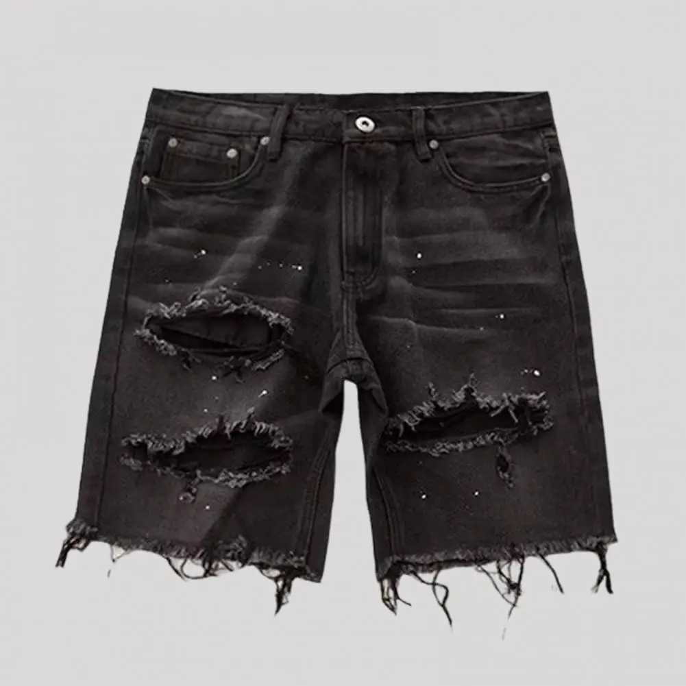 Men Summer Distressed Denim Shorts Button Zipper Fly Multi Pockets Short Jeans Straight Fit Ripped Holes Knee Length DistressedT250305