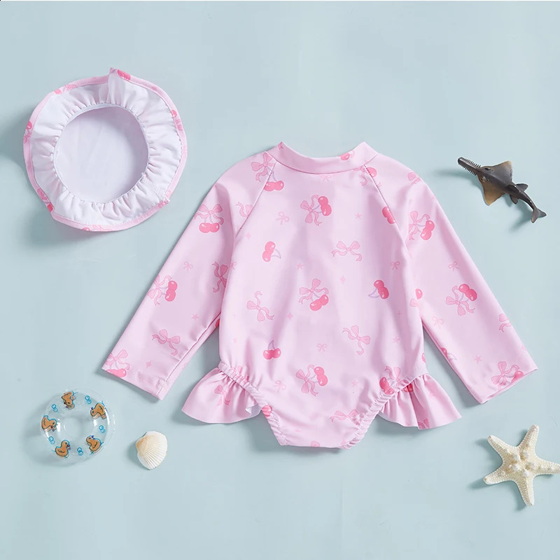 Toddler Baby Girls Rash Guard Swimsuits with Hat 2 Pcs Set Bow Pattern Zip Up Long Sleeve Crew Neck Baby Girls Swimwears 250304