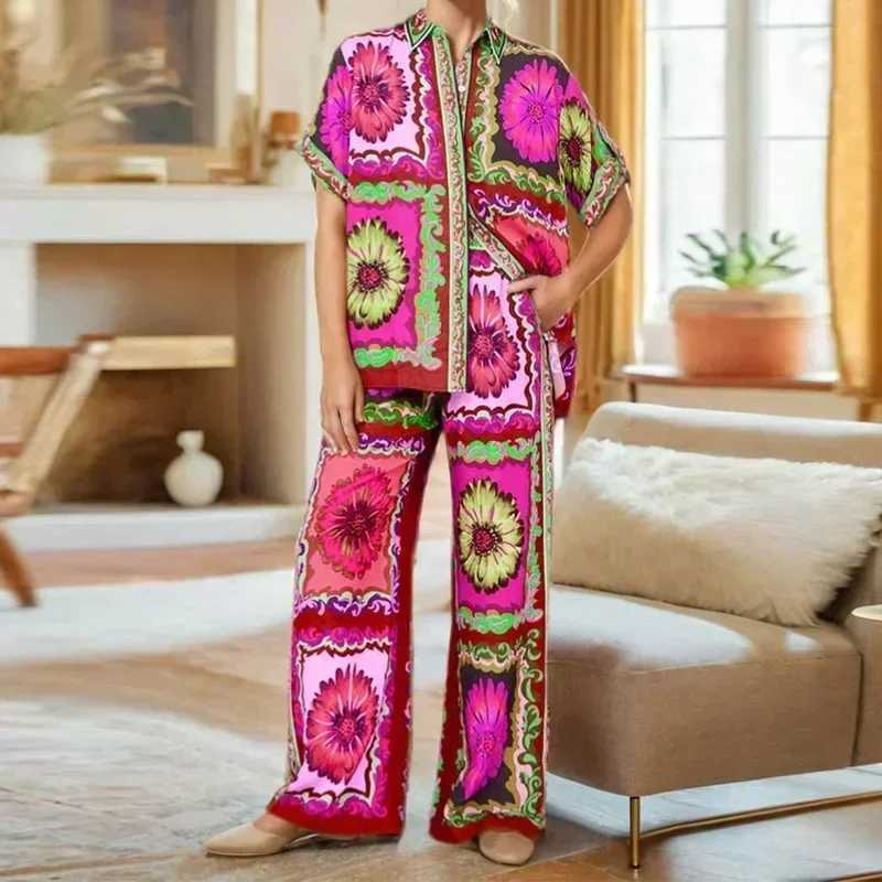 Fashion Women New Two Piece Sets Elegant Floral Print Single Breasted Shirt Wide Leg Pants Outfits Casual Office Lady Strtwear X250305