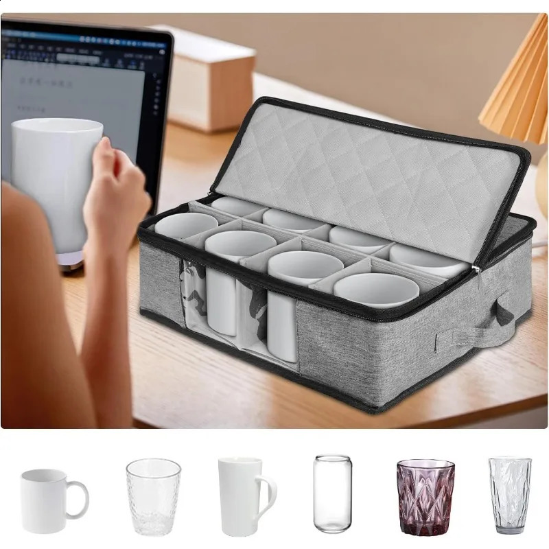 Ship from US Coffee Cup Storage Organizer Mug Boxes with Dividers Stackable Hard Shell China Sturdy Handle 250305FBB