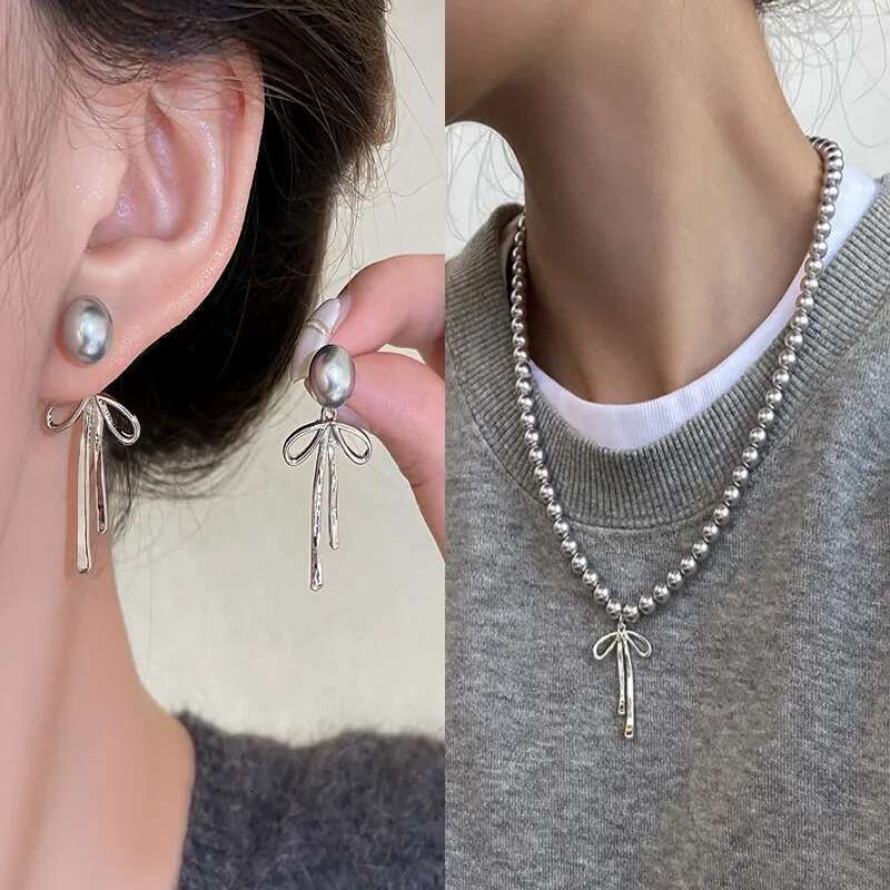 Fashion Grey Imitation Pearl Tie Pendant Necklace for Women Simple Handmade Bow Shaped Earrings Trend Jewelry Set