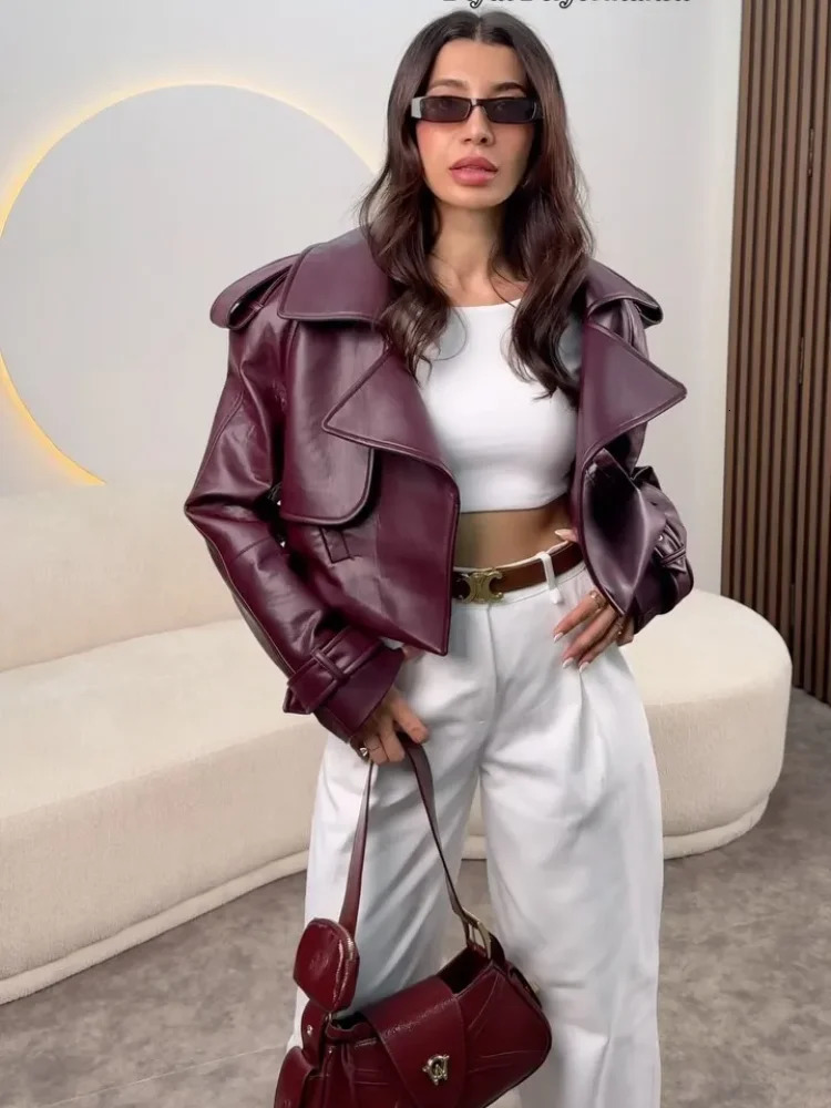 2025 Women Burgundy Lapel Leather Jackets Fashion Casual Loose Pockets Long Sleeve Coats Spring Female High Street Outerwear 250226