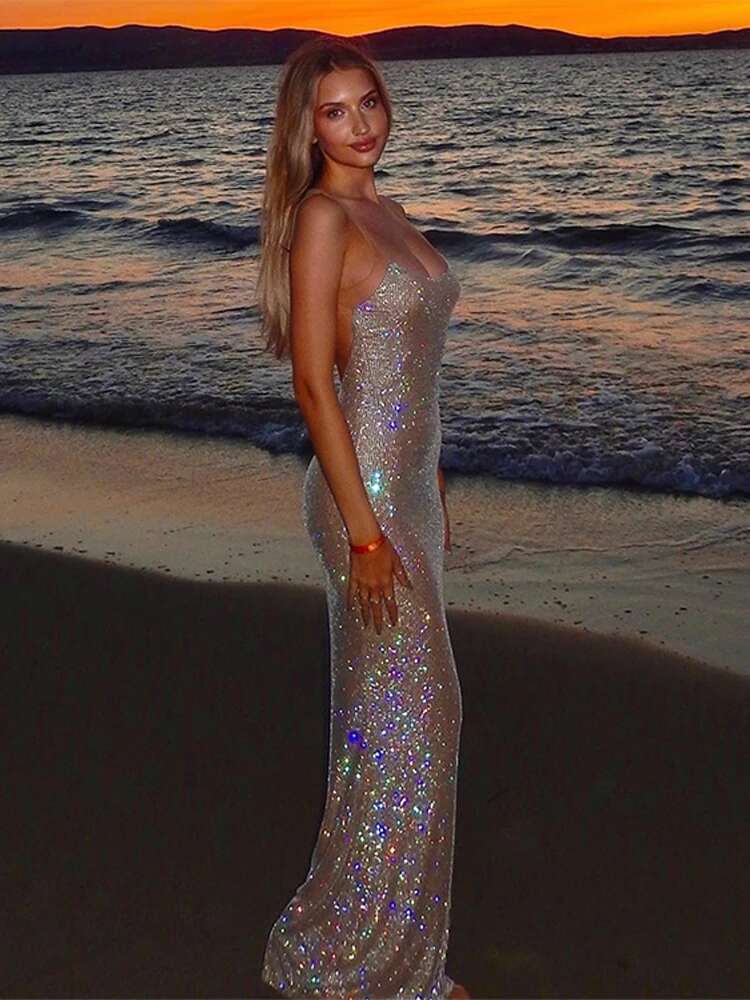 Sexy Sequin Dias Dresses Women Shiny Sleeveless Backless Bodycon Fishtail Gown Lady Perspective Evening Party Dress