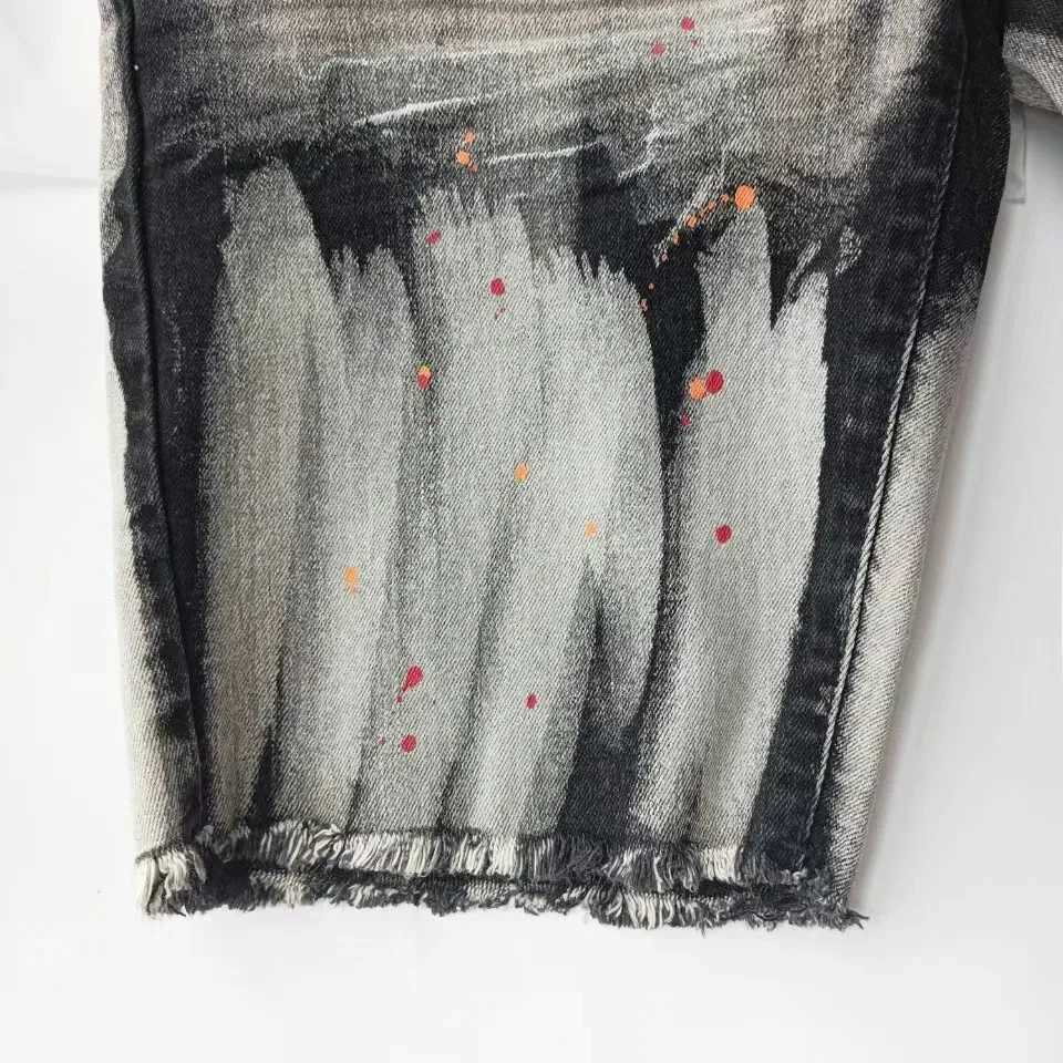 Fashion Tide Anti-Aging Tie-Dye Spray Paint Slim Fit Casual Black Denim Shorts Mens Summer Knee Length ShortsT250305