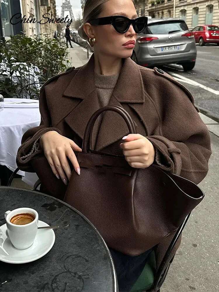 Casual Lapel Short Trench Coat For Women With Belt Long Sleeve Elegant Double Breasted Jacket Autumn Winter Vintage Outwear