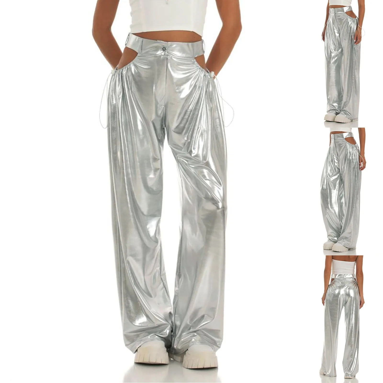 Womens Silver Straight Pants Hollow Out Pockets High Waist Dancewear Pleated Flowy Casual Drawstring Sporty Yoga Clothes 250304