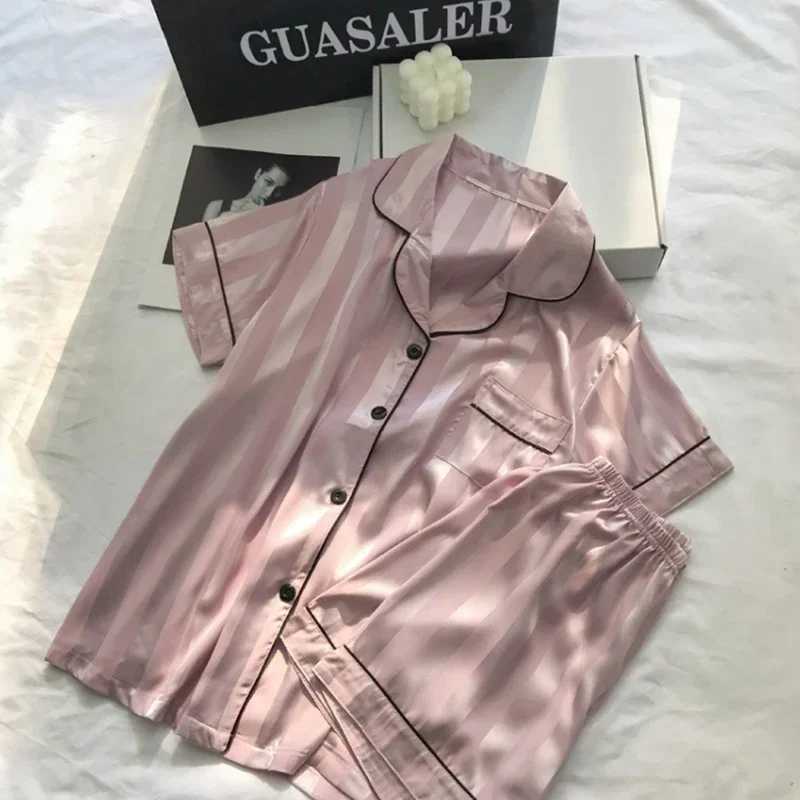 2Pcs Women Sleep Lounge Set Plus Size Seamless Satin Pajama Top Short Set Striped Button Up Short Sleeve Shirt Pants PajamasT250305