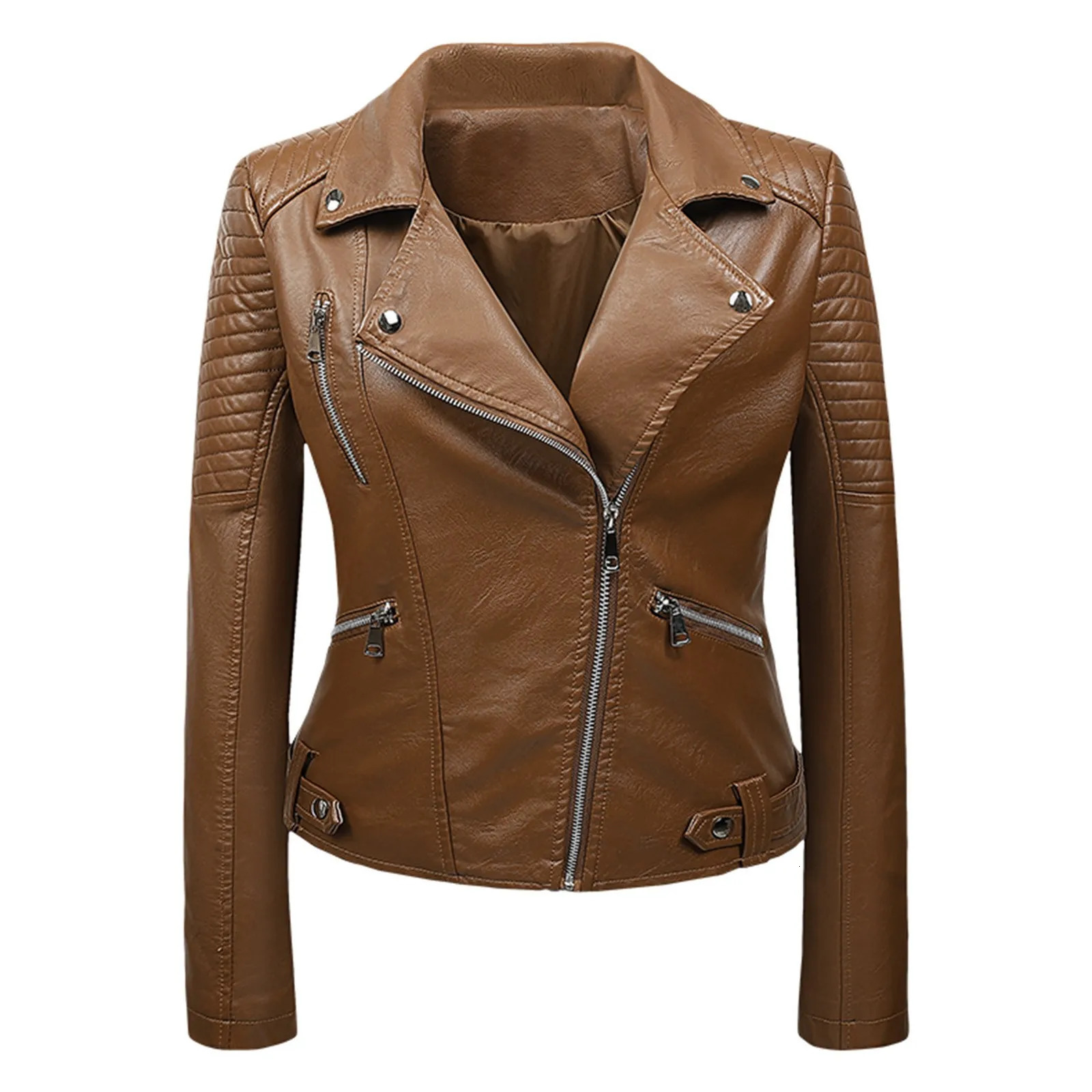 Womens Short Pu Leather Jackets Vintage Suit Pockets Zip Up Motorcycle Outwears Solid Color Bomber Jacket 250226