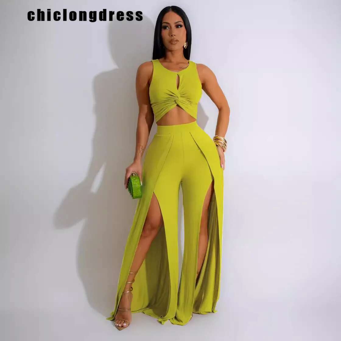 Summer Fashion Street Sexy Solid Sleeveless Top Split Wide Leg Pants Two Piece Set Women