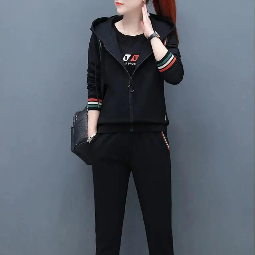 Womens 3 Piece Running Sets Fall Spring Solid Sportswear Long Sleeve Fleece HoodiesJogger Pants Plus Size Female Tracksuits 250305