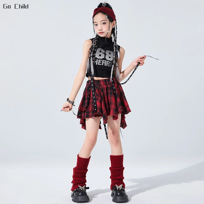 Kids Hip Hop Crop Top Plaid Street Dance Skirt Girls Ribbon Pleated Skirts Teens Jazz Cool Costumes Child Streetwear Clothes Set 250304