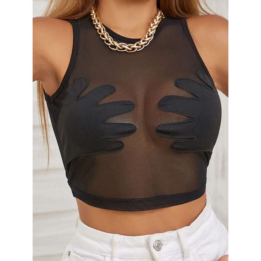 Patchwork Mesh Vest Women Sexy Round Neck Sleeveless Summer Body-Shaping See Through Hipster Crop Tops Lady Tank KLMY