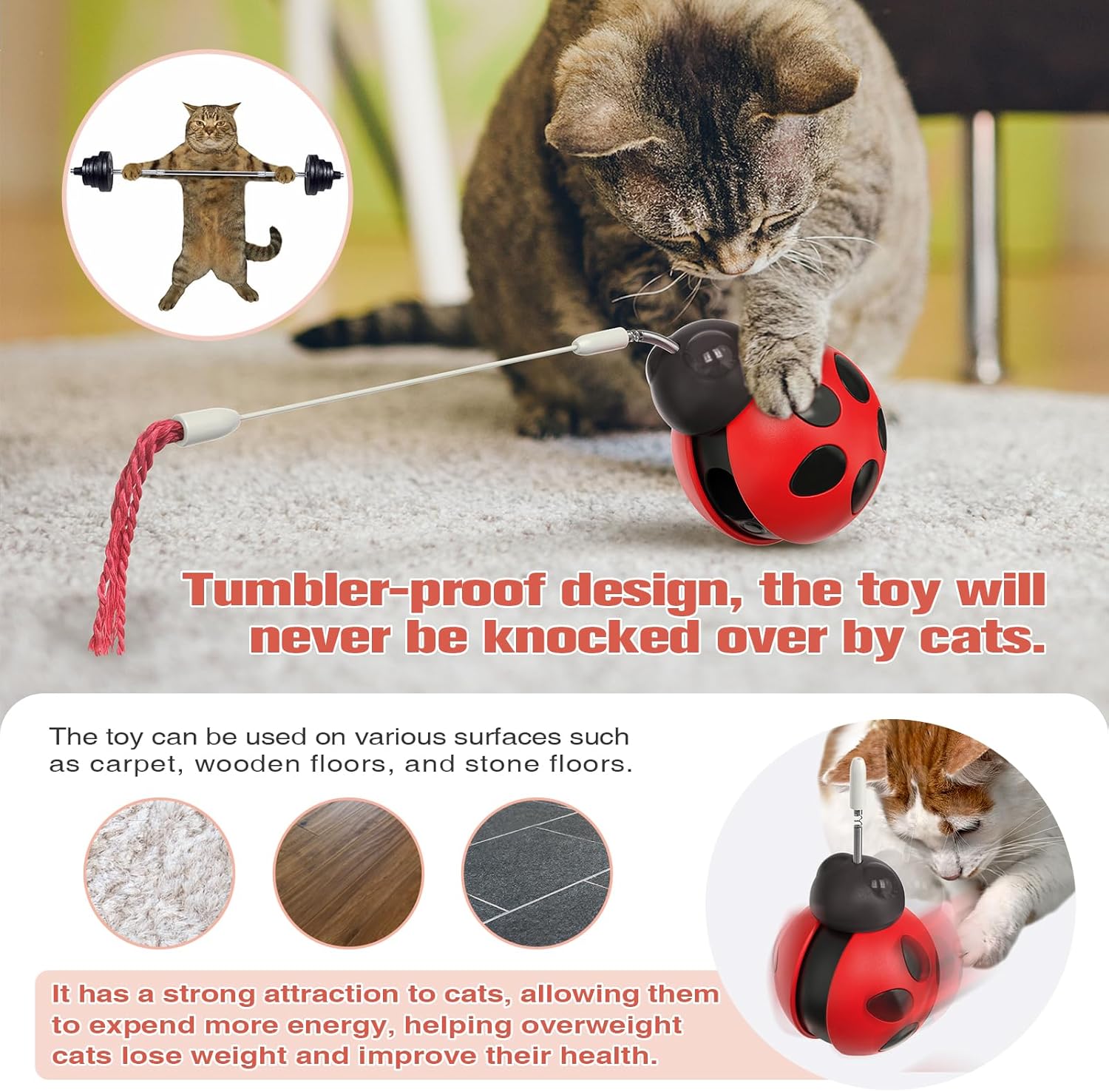 Cat Treat Dispenser Toy, Rolling Wobble Design with Spring Teaser Wand, Interactive Food Puzzle for Cats