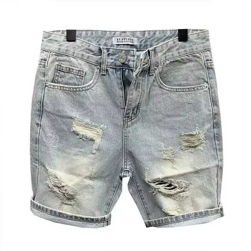 Summer Mens Scratched Broken Denim Shorts Men Fashion Brand Beard Splice Stretch Ripped Short Jeans PantsT250305