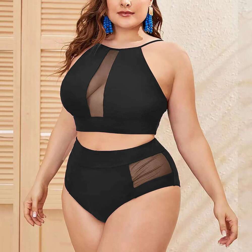 High 2024 Waist Neck Plus Size Swimwear Women Large Sexy Black Mesh Bikini Set Chubby Big 2 Piece Swimsuit Bathing Suit Km-Ly