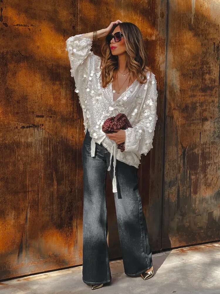 Fashion Women Sequined Lace Up Looseen Shirt Casual Long Sleeves V Neck Blouse 2025 Chic Female Spring Commute Streetwear
