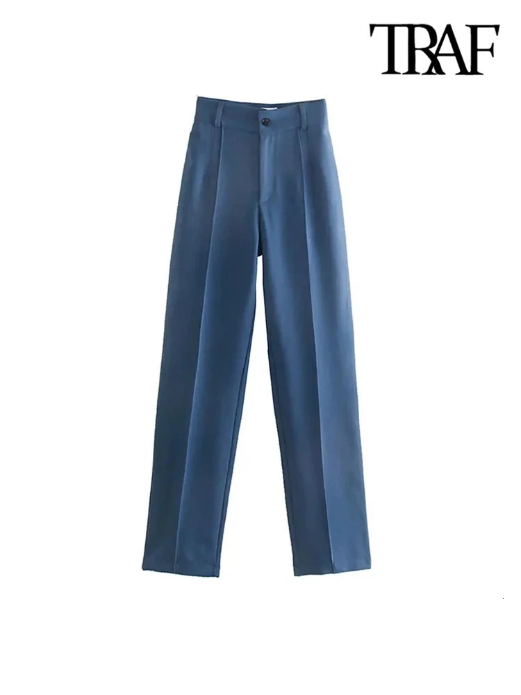 TRAF Women Chic Fashion Office Wear Straight Pants Vintage High Waist Zipper Fly Female Trouser 250304