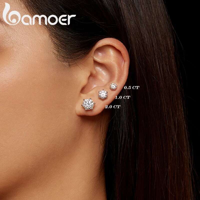 BAMOER Classic Moissanite Stud Earrings, S Sier D Color Brilliant Round Cut Lab Created Dia Wedding Engagement Earrings