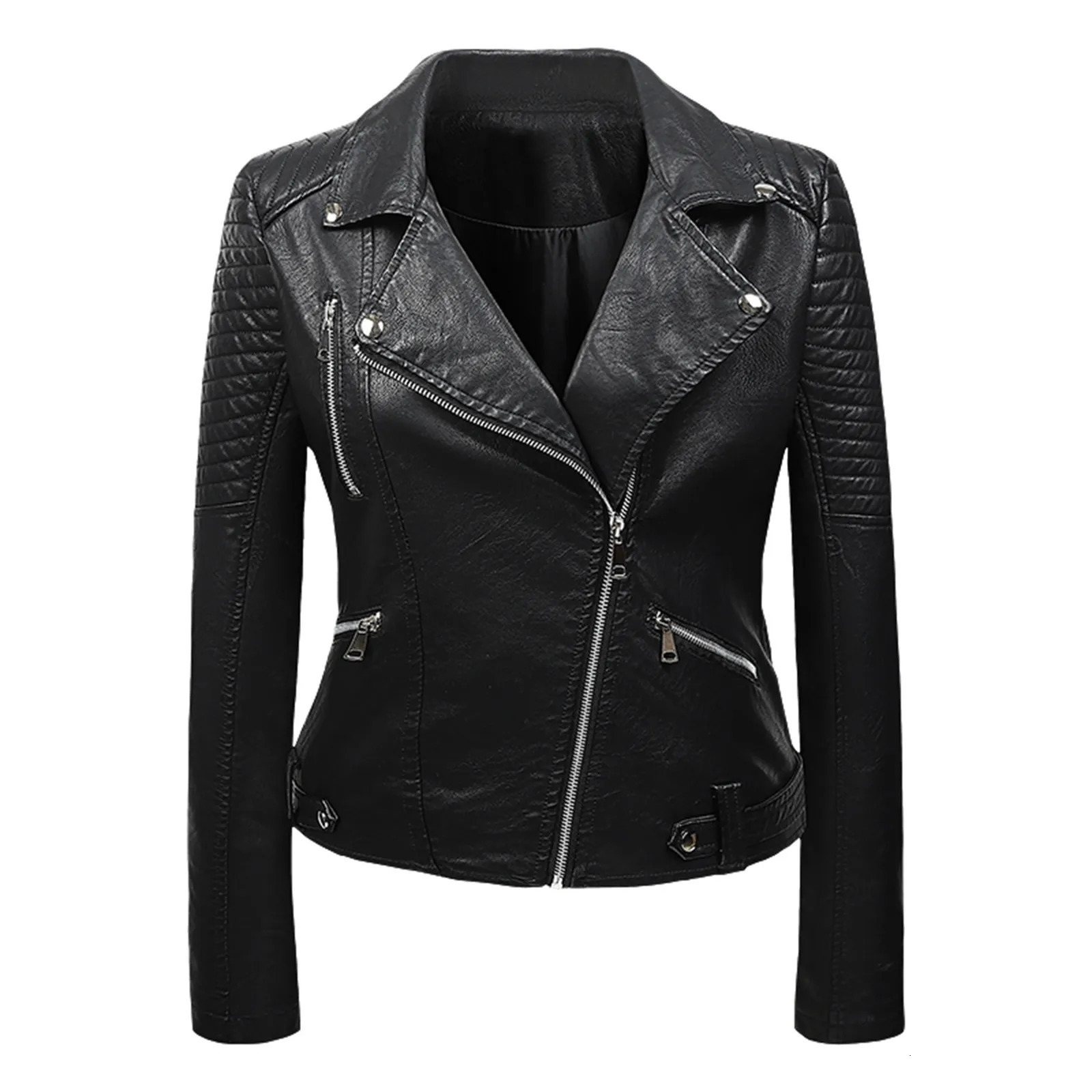 Autumn womens lapel zipper artificial PU leather jacket street retro motorcycle casual bicycle 250226