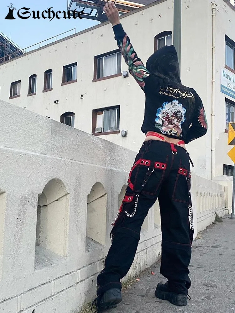 SUCHCUTE Gothic Bandage Chain Womens Pants Hip Hop Fairycore Vintage Trousers Punk Style Egirl Casual Streetwear Baggy Cloths 90s 250304