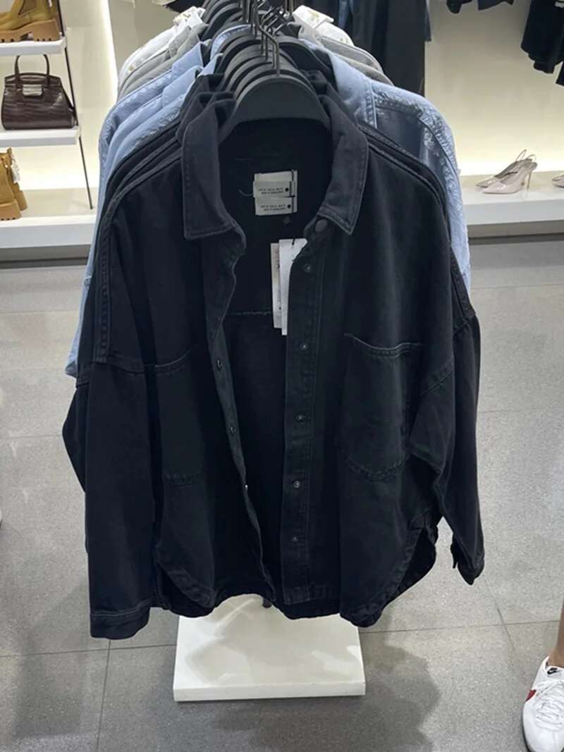 Denim Jacket 2024 Traf Spring New All-Cotton Large Pockets Embellished Loose Version Of Women's Shirt-Style Denim Jacket