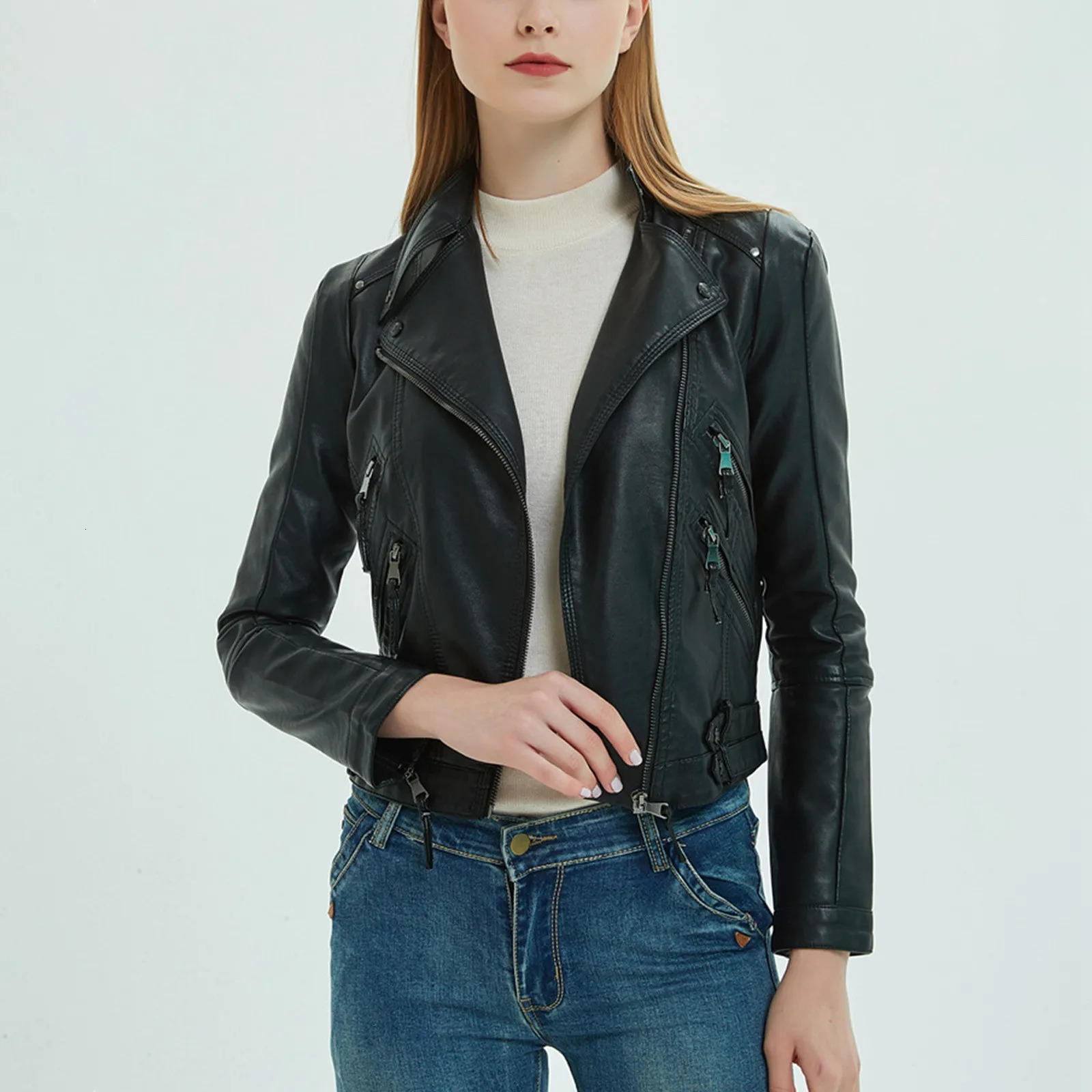 Womens motorcycle leather jacket zipper casual lapel crop coat long street short sleeved autumn and winter fashionable top 250226