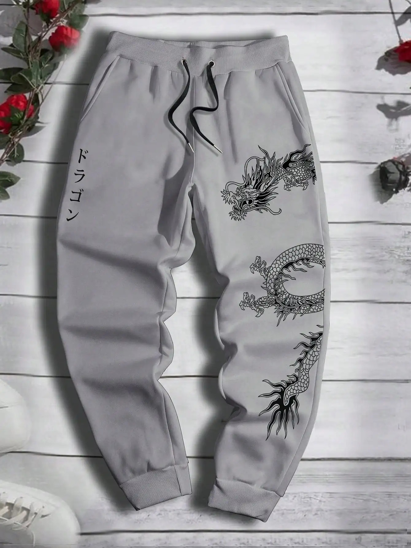 Fashionable Mens Dragon Pattern Printed Comfortable Fleece Drawstring Waist Versatile Spring and Autumn Sports Pants S-3XL 250304