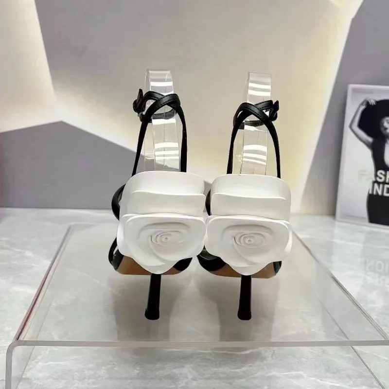 Summer Fashion Flower Decor High Qualtiy Leather Women Gladiator Sandals Shoes Sexy Narrow Band Thin High heels Party Shoes 250228
