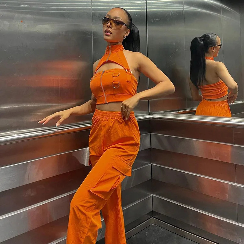 Puloru Orange Baggy Cargo Pants Women Casual High Elasitc Waist Straight-Leg Trousers with Side Pockets Streetwear Sweatpants 250304