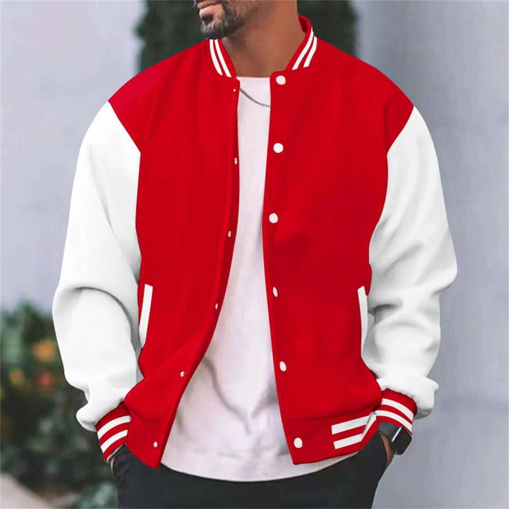 Men's baseball jacket, autumn fashion, patchwork, long sleeves, high neck, loose jacket, outerwear, casual sports, button up sweatshirt