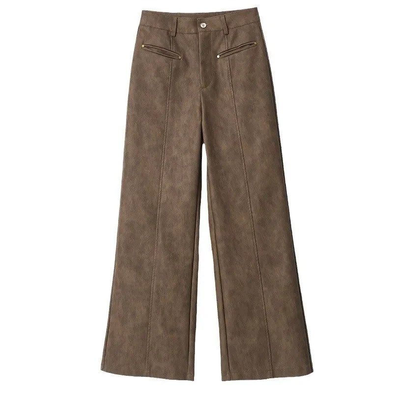 2024 Autumn Winter HighWaisted PU Leather Bootcut Pants StraightLeg Black Casual BellBottom Trousers For Women 250304