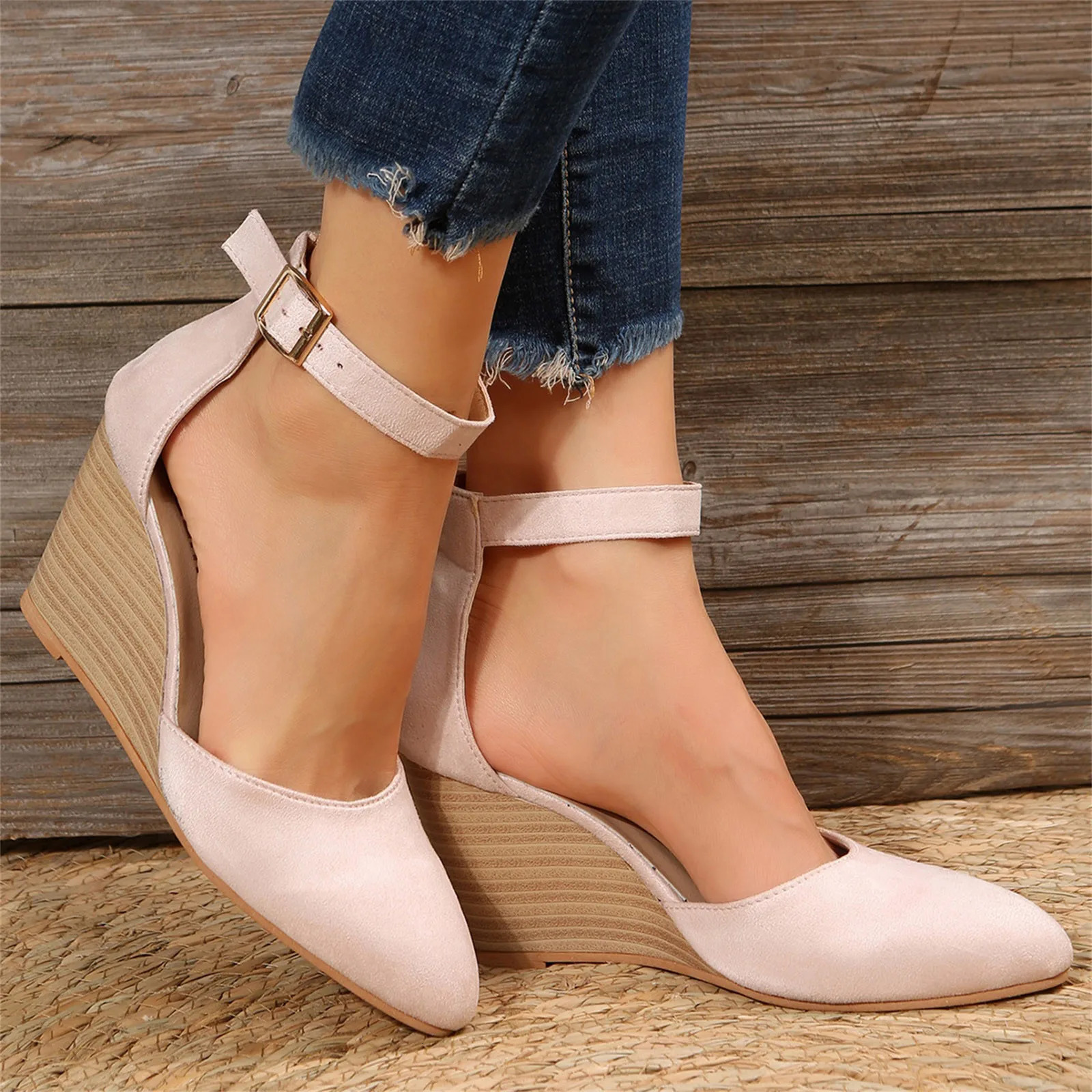 Fashion Women High Heel Sandals Closed Toe Solid Suede Pointed Wedge Heel Shoes Thick Bottom Buckle Sandals Female Footwear Sandals 250228