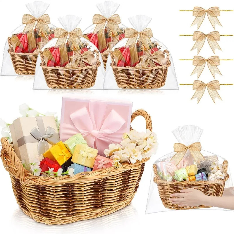 Ship from US 4 sets of loose willow baskets with gift bags bow flower woven stackable good stuff empty DIY 250305FBB
