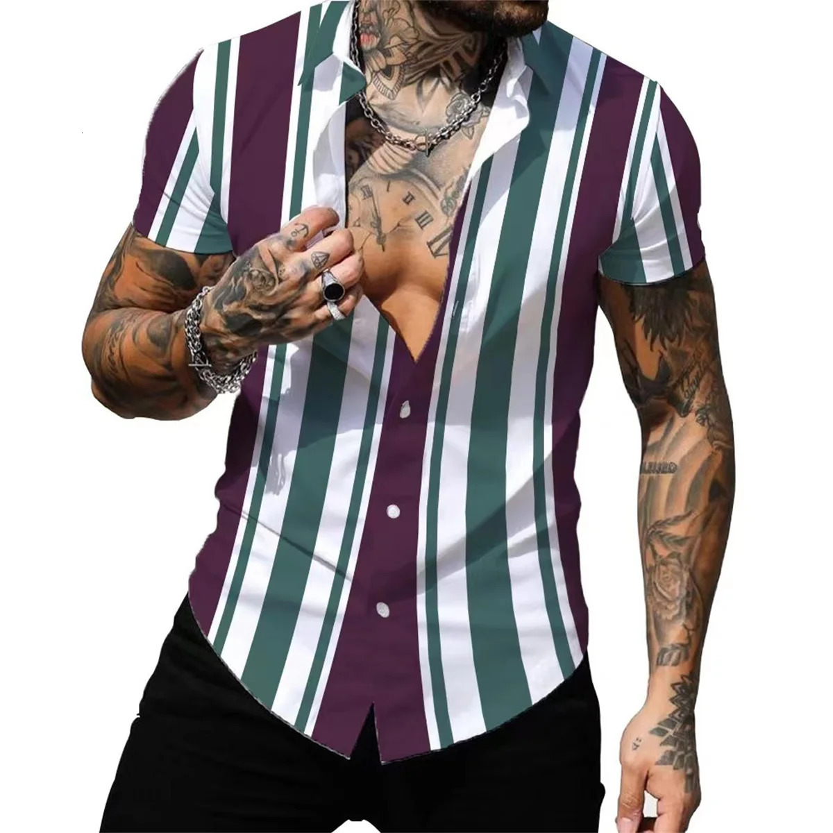 Striped colored shirt casual outdoor street party mens highquality button down Tshirt short sleeved 2023 250227Z