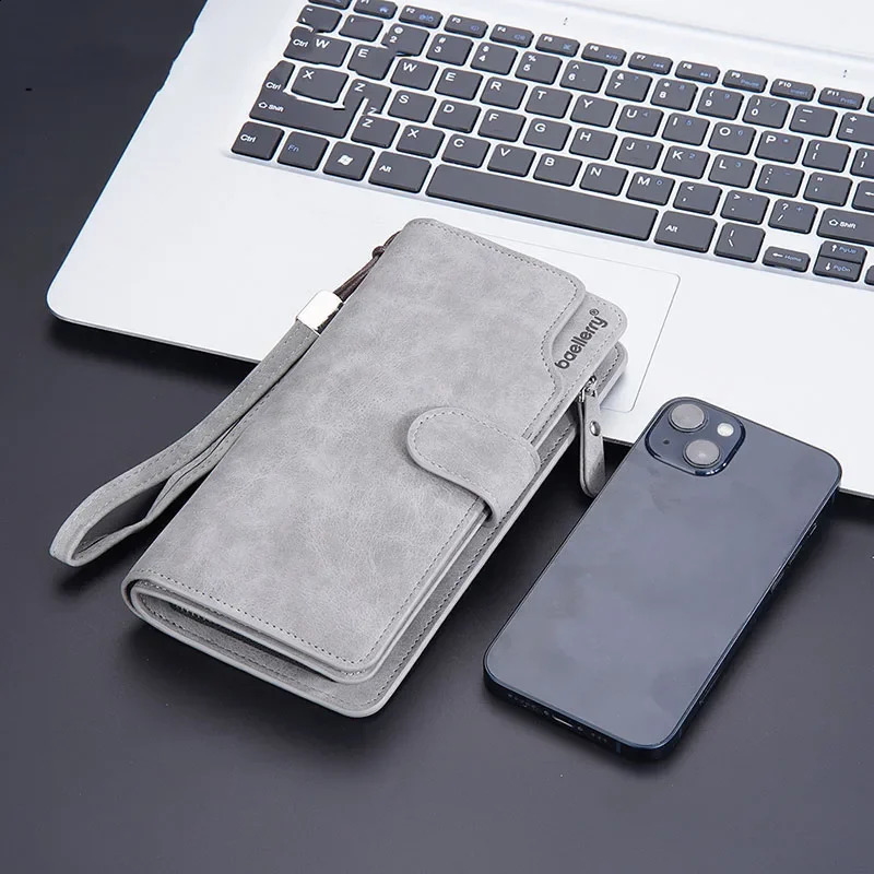 Business Wallets Men Vintage Clutch Phone Bag Multicard Bit Zipper Purse Scrub Money Clip Long Hasp Wallet Large Capacity 250305