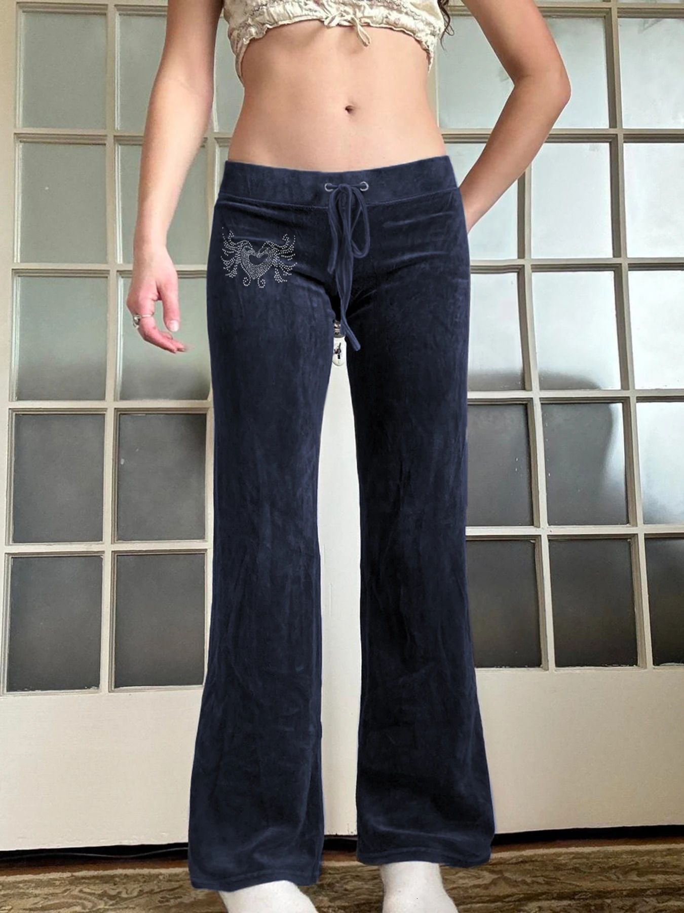 Cuteandpsycho Retro Rhinestone Y2K Flare Pants Lace-up Casual Streetwear Cute Bottoms Harajuku Aesthetic 2000s Womens Pants 250304