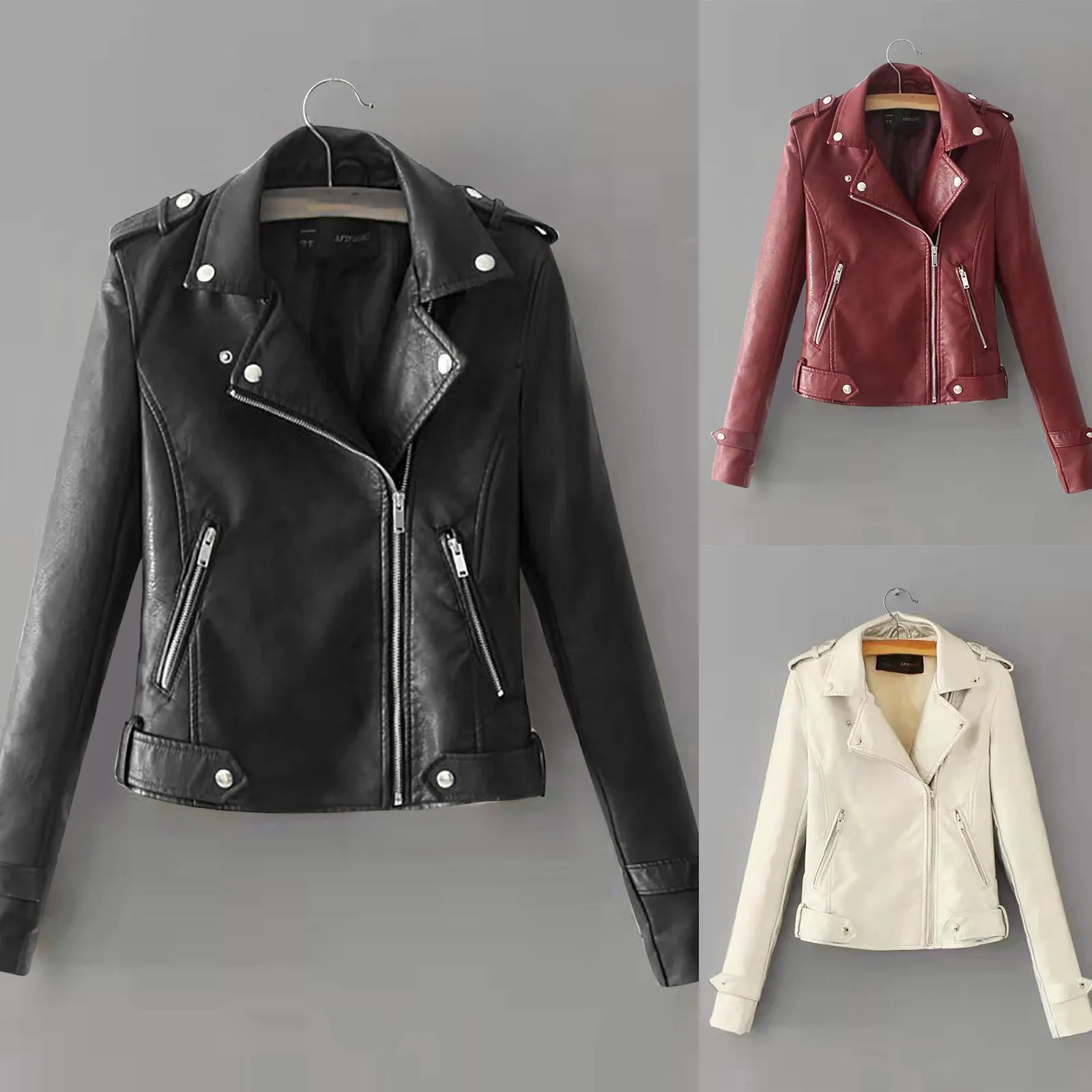 Casual and Elegant Womens Top Belt Fashion Pocket Artificial Leather Collar Solid Color Zipper Soft Jacket 250226