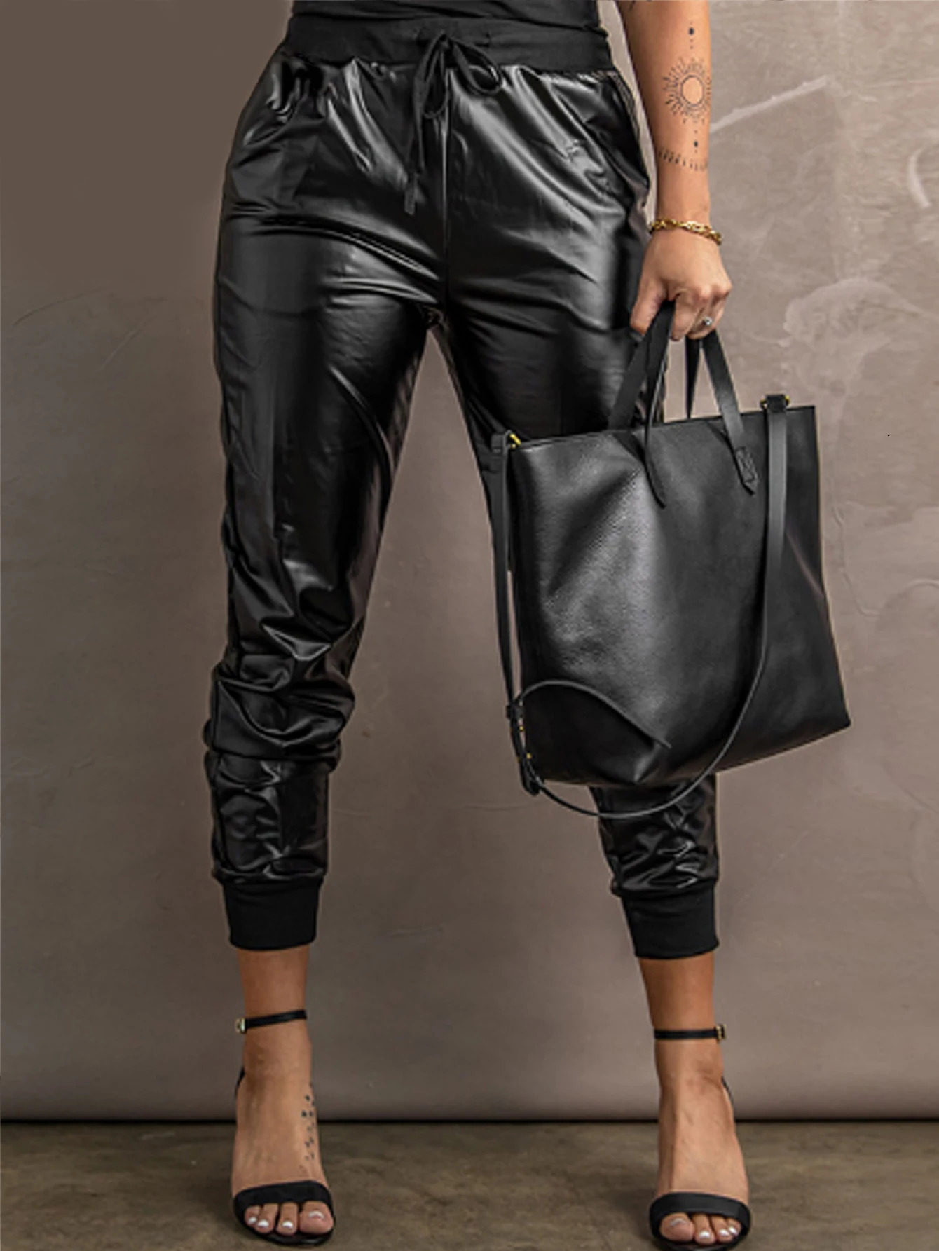 Womens Leather Drawstring Pocket n Mid Waist Loose Elastic Black Solid Color Long Pants 250304