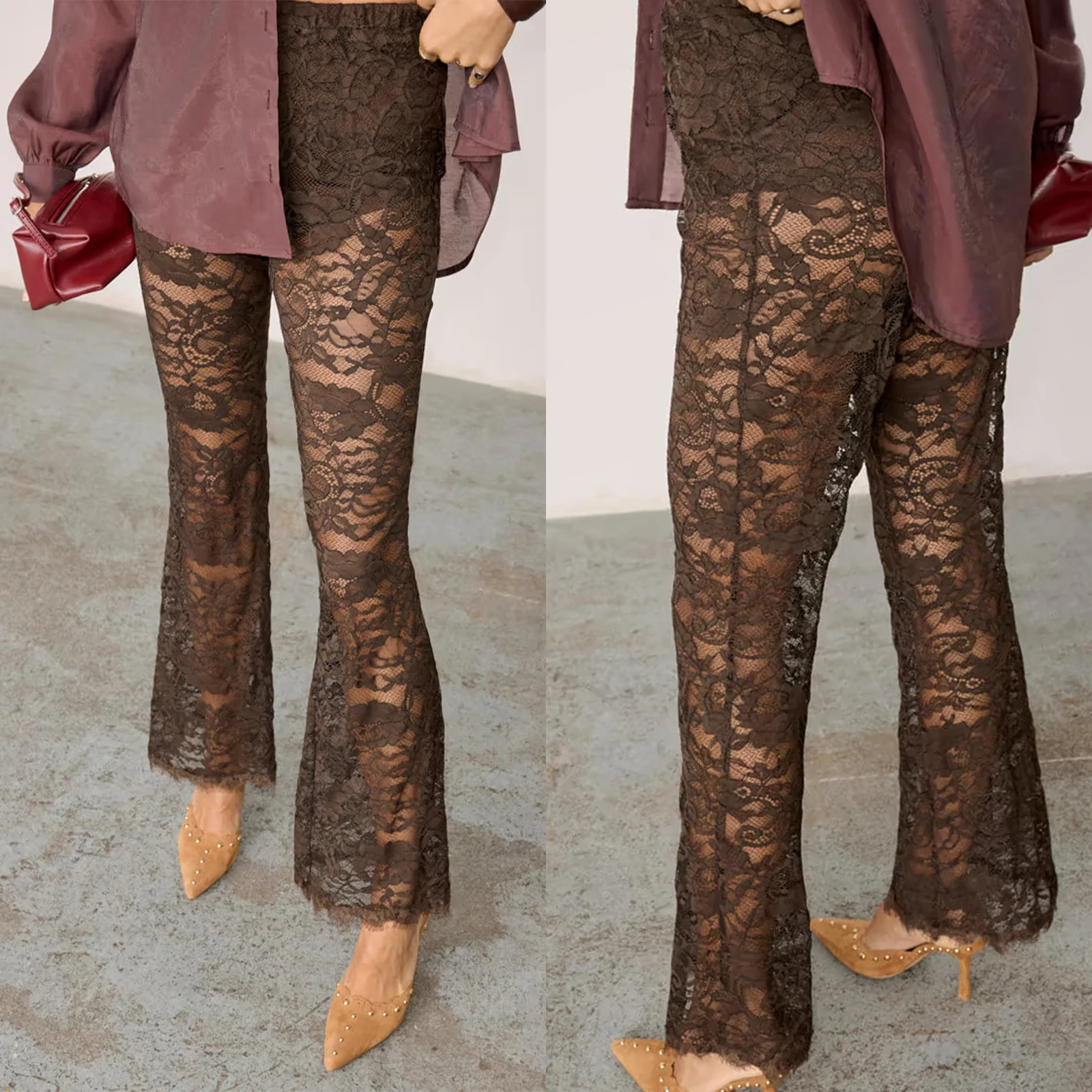 Stylish See-Through Lace Flare Pants Womens High Rise Elastic Waist Bell-Bottoms Spring Summer Streetwear Long Trousers 250304