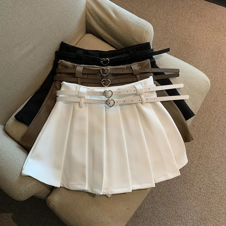 Women Pleated Mini Skirt with Dual Heart Belt for Teen-girl High Waist Tennis Skirt Preppy Summer Y2K Outfit 250228