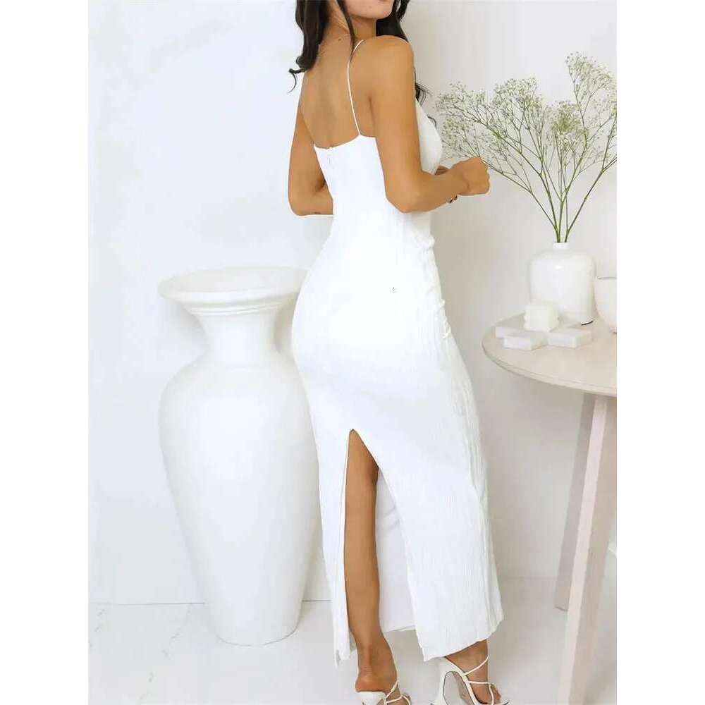 Women Sexy Long Ruched Sleeveless Slim Solid Summer Party Back Split Dress Clubwear Female Vestido Outfits KLMY