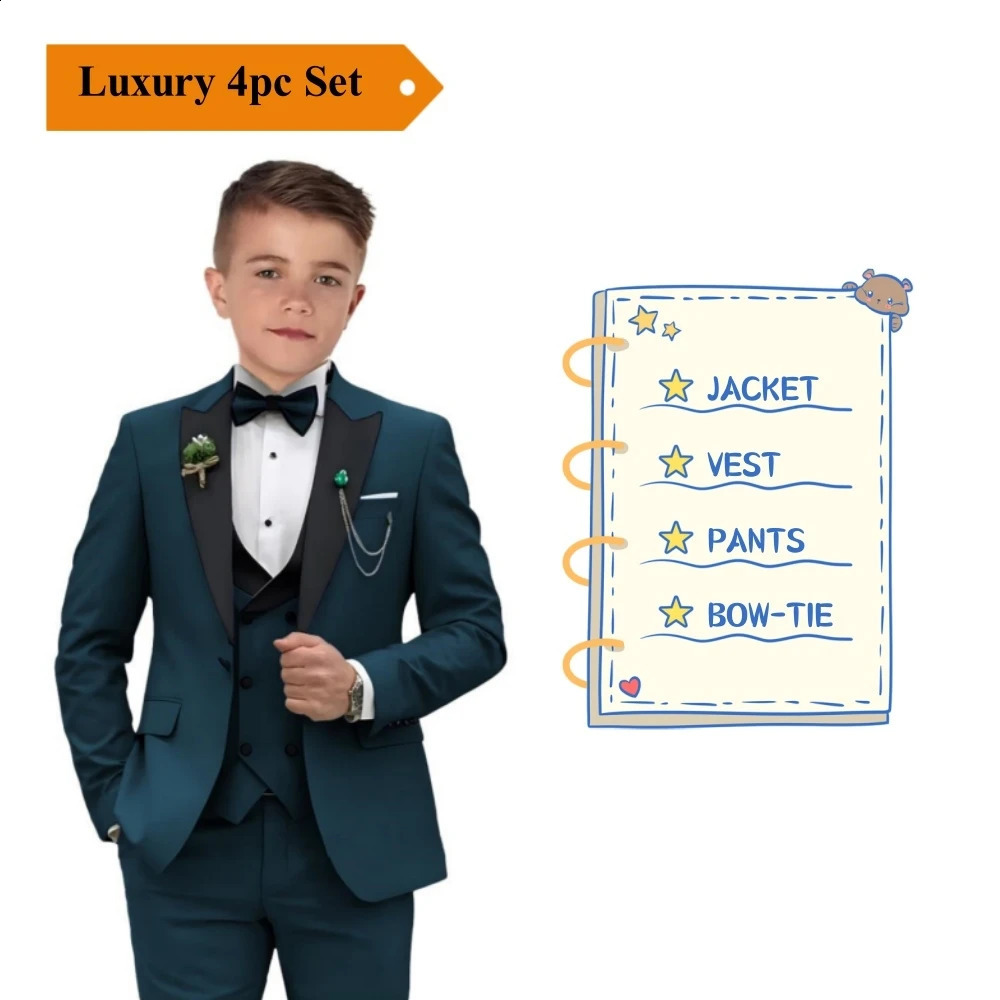 24h Ship Boys Formal 4-piece Suit Set Including Blazer Vest Pants Bow-tie Smart Kids Tuxedo Suits Dress Wedding Ring Bearer 250305