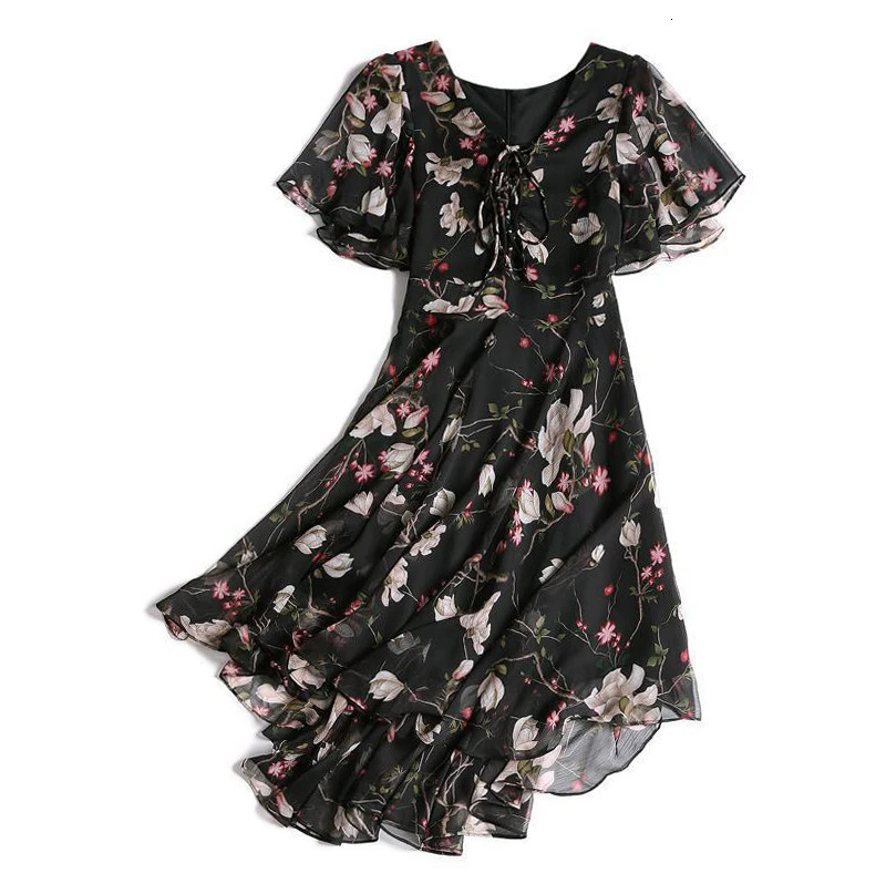 Womens fancy chiffon dress 2024 womens elegant Vneck short sleeved Korean summer 250304