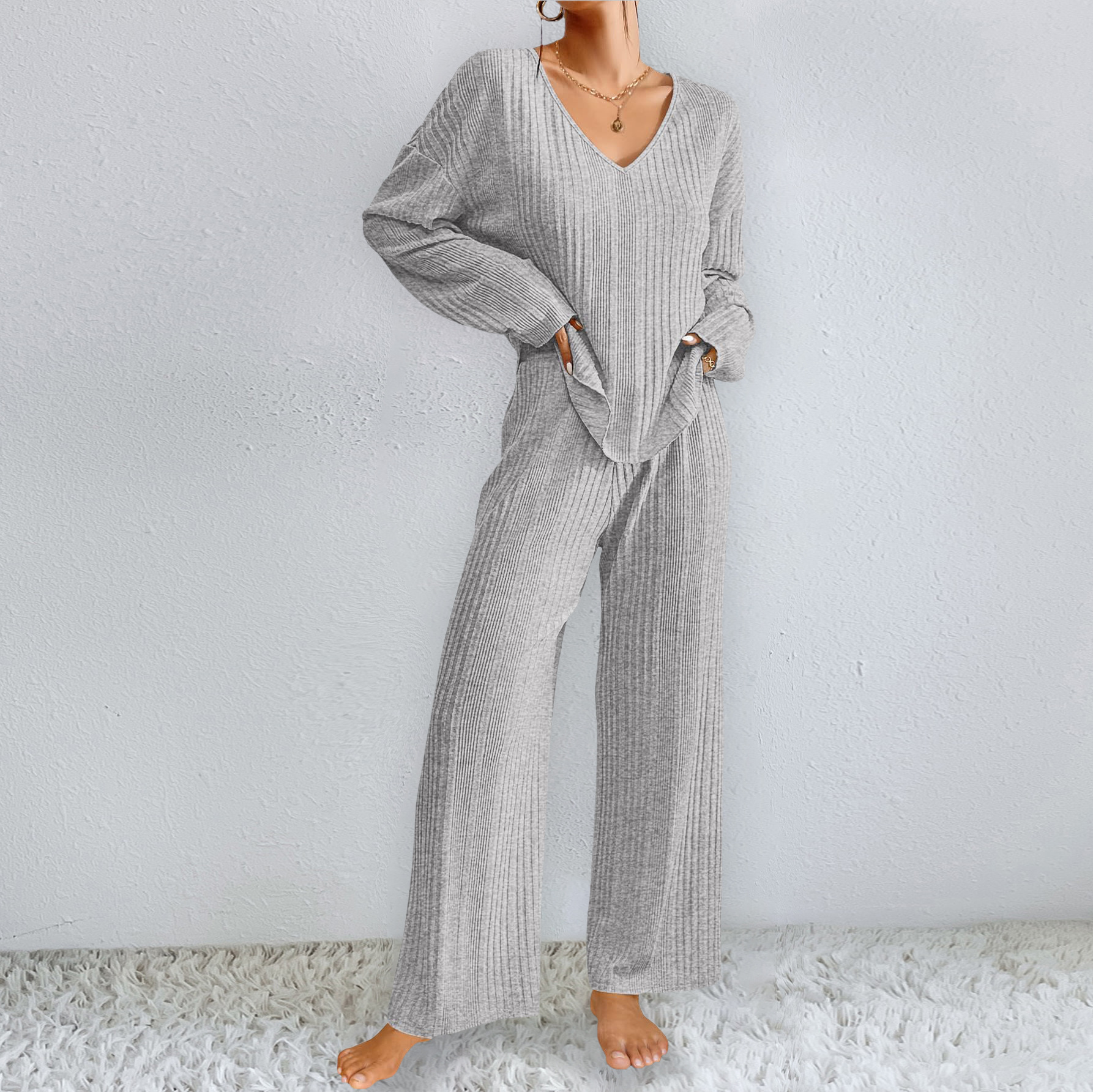 B750-Autumn and winter beautiful ladies pajamas set long sleeves and long pants two-piece imitation cotton lace splicing home clothes set