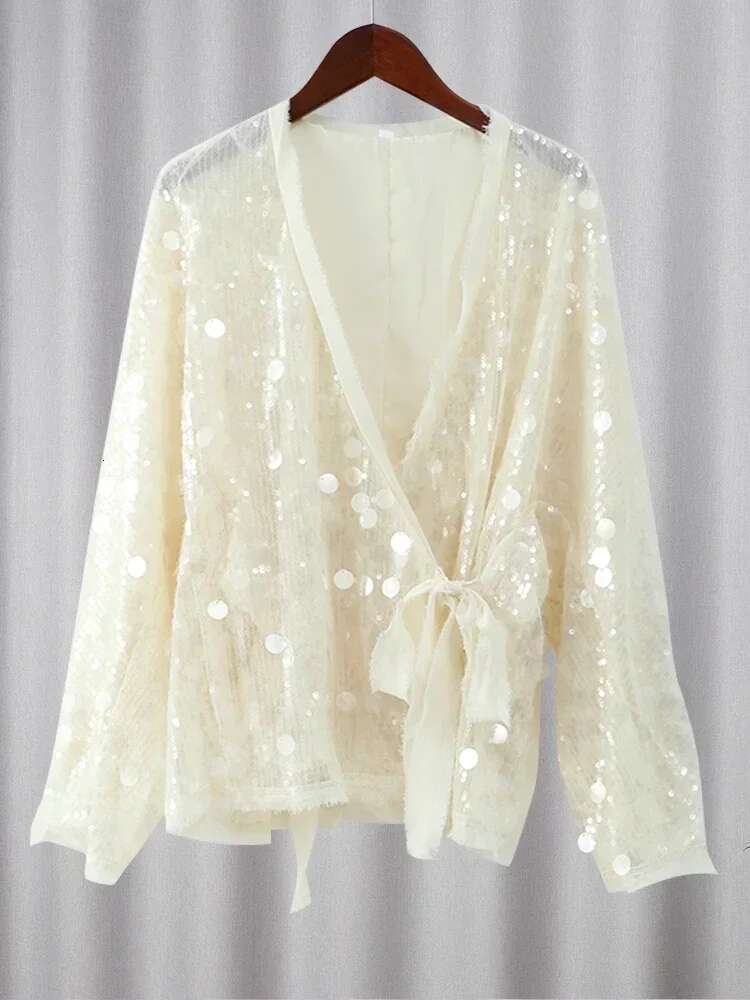 Fashion Women Sequined Lace Up Looseen Shirt Casual Long Sleeves V Neck Blouse 2025 Chic Female Spring Commute Streetwear